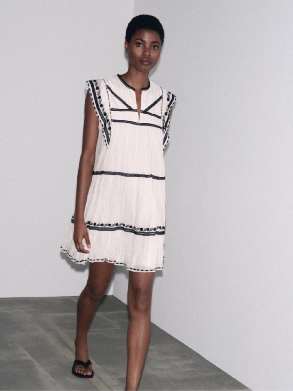 Zara Ivory Mini Dress with Black Embroidered Trim